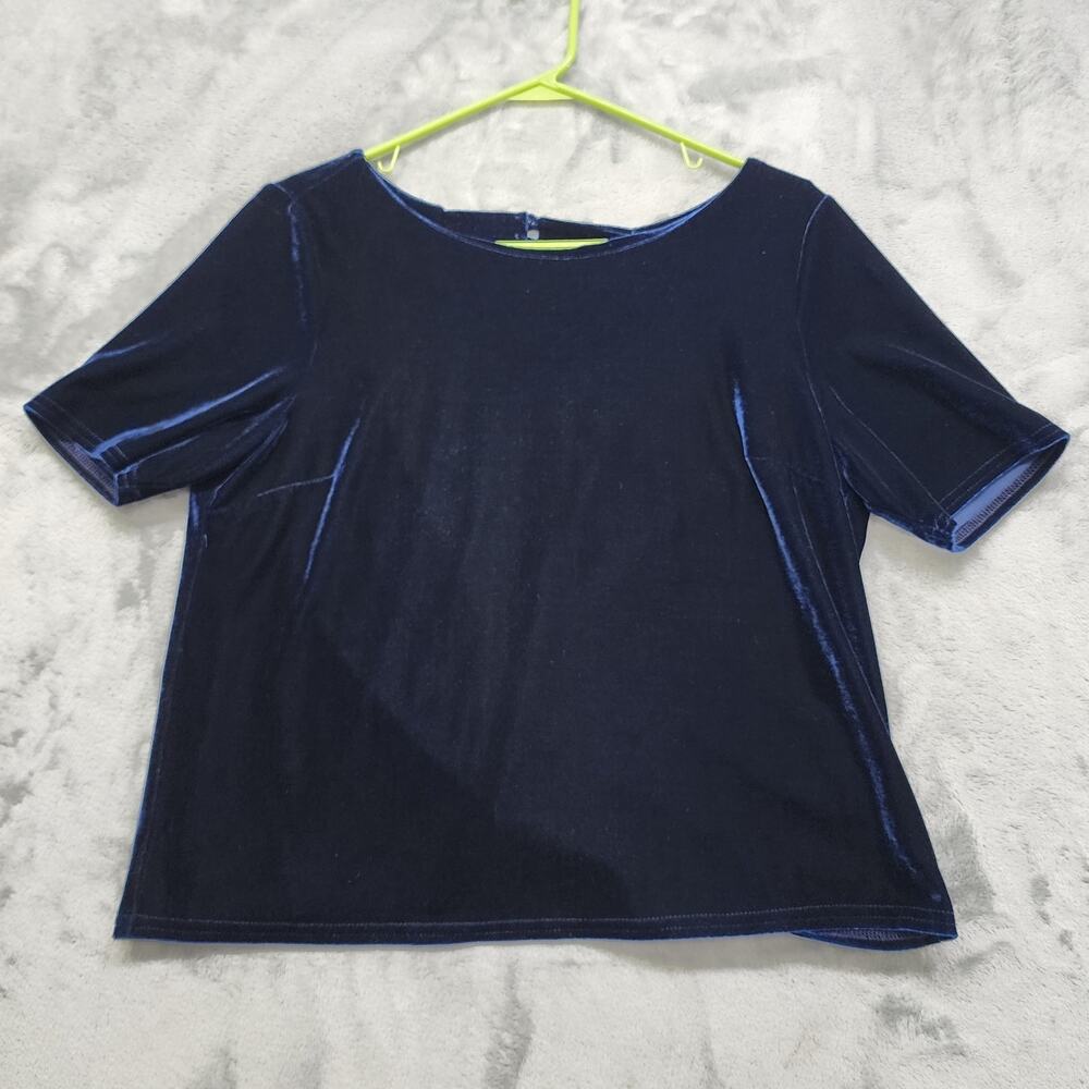 Dee Elly Velvet Short Sleeve Backless Top Size L Blue Stretch Dressy Party